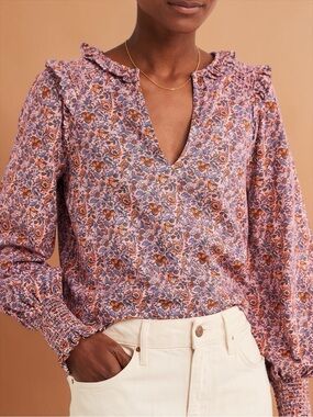 Boden Boho Women’s Peachy Pink Notch Neck Floral Frill Ruffle Top Size US 4